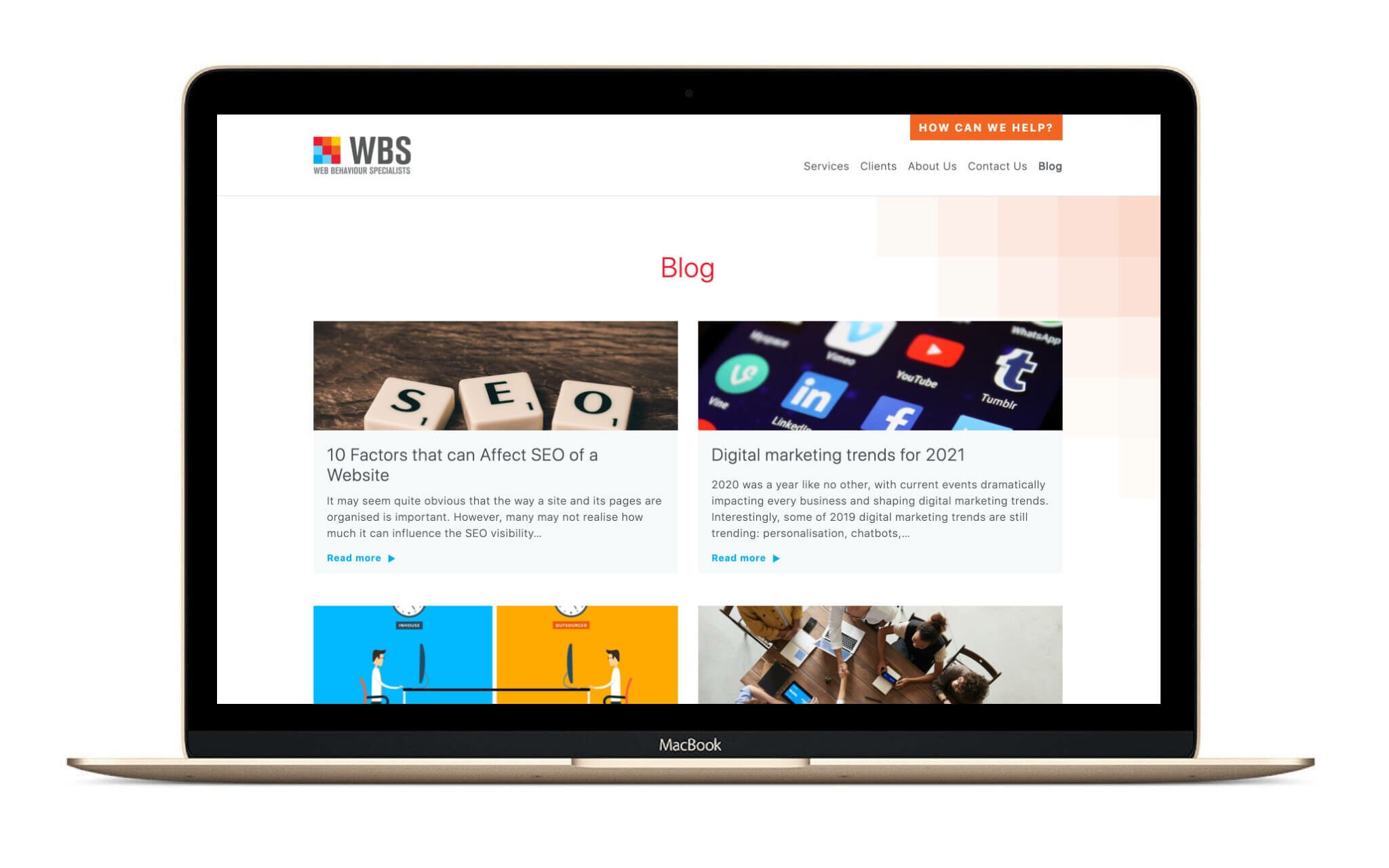 New website. Web Behaviour Specialists' blog page redesign on a Macbook | 300%